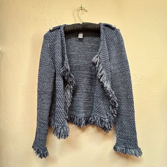 Chelsea & Theodore Women's Open Front Cardigan Sweater Small Blue Fringe Trim - Picture 1 of 8
